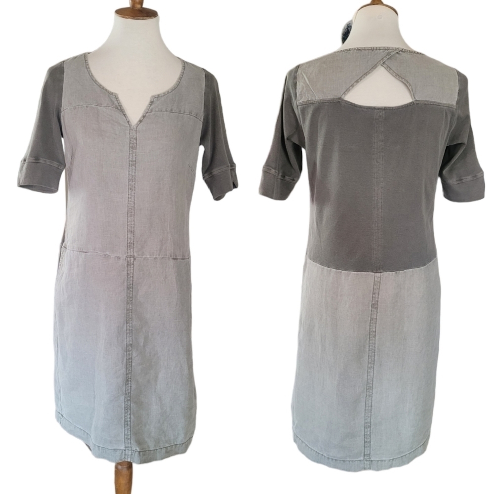 Sandwich_ Mossy Green Pure‎ Linen Langenlook Colorblock Midi Shift Dress